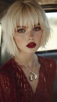 Young woman with platinum blonde bob haircut, freckles, and red lipstick wearing burgundy sequined top and silver necklace in natural lighting, perfect for beauty and fashion content.