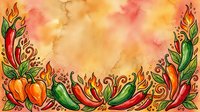 Watercolor illustration of vibrant red and green chili peppers with ornamental flames and decorative foliage on warm textured background. Suitable for culinary designs and food packaging.