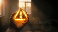 Close-up of hand holding glowing warning triangle symbol with golden light, representing caution, alert, and risk awareness in dark interior setting.