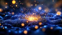 Glowing magical particles and light waves create cosmic atmosphere with golden bokeh effect and sparkling blue dust on dark background.