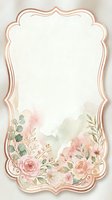 Ornate frame with rose gold border and watercolor floral arrangement featuring pink roses, eucalyptus, and botanical elements on cream background. Isolated design ready for invitations, greeting cards, and wedding stationery projects.
