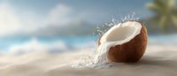 Fresh cracked coconut with splashing milk on sandy tropical beach, palm trees and ocean horizon in soft blurred background, bright natural sunlight.