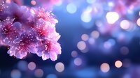 Delicate pink cherry blossoms against blurred blue background with glowing bokeh lights creating dreamy spring atmosphere and romantic floral composition.