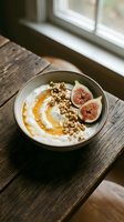 Creamy yogurt bowl topped with granola, fresh fig slices, and honey drizzle, served on wooden table by window for breakfast or healthy snack.