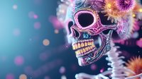 Decorative skull with pink and blue ornate patterns surrounded by glowing flowers and bokeh lights against turquoise background, mystical artistic composition.