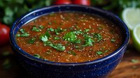 Homemade lentil soup with fresh herbs in a blue speckled bowl, garnished with cilantro and served with fresh vegetables for healthy comfort food cooking.