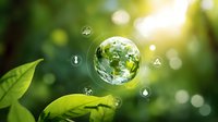Earth globe floating among water droplets with sustainability icons over green leaf background. Environmental conservation concept for eco-friendly business presentations.