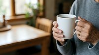 Man holding blank white mug in cozy home interior with natural light, perfect for beverage branding and lifestyle marketing campaigns.