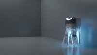 Futuristic holographic projection of human legs walking in modern minimalist room with blue glowing light effects and clean geometric architecture.