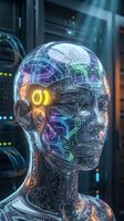 Futuristic android head with glowing circuit patterns and neural networks in data center environment for technology and AI concepts.