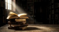 Open book with golden pages glowing in sunlight beam on wooden table in dark library with bookshelves creating magical reading atmosphere for education concepts.