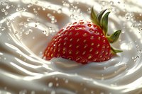 Fresh ripe strawberry splashing into creamy yogurt with droplets creating dynamic texture, ideal for food advertising and packaging design.