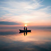 Silhouette of person fishing from small boat on calm lake at sunset with colorful sky reflecting on water surface creating peaceful outdoor recreation scene.