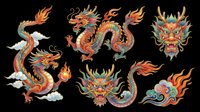 Colorful Asian dragon illustrations isolated on transparent background, ready for t-shirt design, clipart, stickers, sublimation and print-on-demand projects.
