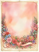 Romantic floral frame with pink watercolor gradient background, decorative gold border, and colorful flowers with hearts at bottom, isolated on white for greeting cards and invitations.