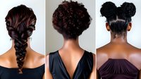 Three diverse women showcasing elegant braided hairstyles from behind, displaying intricate hair artistry and styling techniques for beauty inspiration.