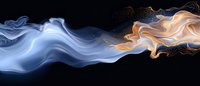 Abstract flowing smoke in blue and gold colors with glittering particles against black background, creating elegant fluid motion effect.