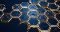 Golden hexagonal honeycomb pattern with circuit board technology background for modern digital design and futuristic tech concepts.