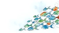 Colorful school of fish swimming together in formation on white background, marine life illustration for educational and design projects.