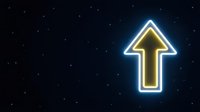 Glowing neon arrow pointing upward against dark starry night sky background. Growth, success, direction and progress concept for business presentations.