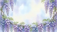 Watercolor wisteria flowers frame with purple blooms and green leaves on soft pastel background for spring wedding invitations and floral designs.