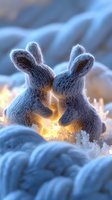 Cozy knitted rabbit slippers with warm glowing lights in snowy winter setting creating magical holiday atmosphere for seasonal comfort and relaxation concepts.