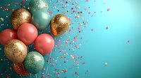 Festive party balloons in coral pink, gold glitter and mint green with colorful confetti scattered on turquoise background for celebration events.