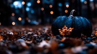 Dark pumpkin on autumn ground with fallen maple leaves and bokeh lights creating magical Halloween atmosphere. Seasonal decorative composition in moody style.