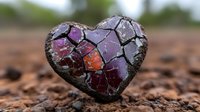 Broken heart-shaped stone with purple and red crystal fragments on natural soil background, symbolizing healing, recovery and emotional transformation process.