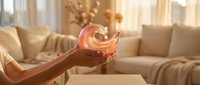 Woman hands holding glowing snail shell in cozy living room with warm sunlight streaming through windows creating magical atmosphere for wellness concepts.