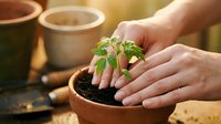 Hands gently protecting young green seedling in terracotta pot with gardening tools and clay pots in warm sunlight background for spring planting.