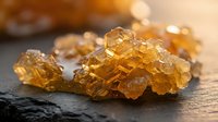 Golden amber rock sugar crystals on dark slate surface with warm lighting creating natural gourmet sweetener display for culinary and food photography.