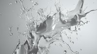 Dynamic white milk splash with droplets and waves creating abstract fluid motion against light gray background, high-speed photography capturing liquid movement.