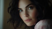 Young woman with striking blue eyes and dark hair in soft natural lighting, gentle expression and flawless complexion against blurred background creates intimate portrait mood.