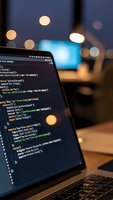 Laptop displaying colorful programming code on screen in modern office environment with bokeh lights creating atmospheric workspace for software development.