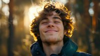 Young man with curly hair smiling genuinely outdoors during golden hour sunset, backlit portrait showing joy and contentment against blurred forest background.