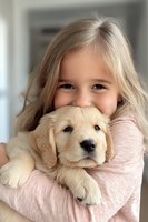 Young girl with long blonde hair hugging adorable golden retriever puppy. Soft focus portrait showing pure joy and companionship between child and pet in natural light setting.