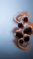 Chocolate heart-shaped candies arranged on cocoa powder with decorative swirls against blue background, suitable for Valentine's Day, confectionery, dessert, and romantic gift concepts.