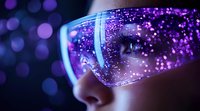 Futuristic protective glasses with purple glowing particles reflection. Close up view of modern eyewear on dark background with bokeh lights and digital effects.