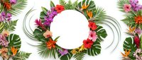 Tropical floral frame with vibrant hibiscus, orchids and palm leaves on white background. Summer paradise border design for invitations and decorations.