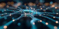 Glowing network connections with blue light streams and bokeh effects on dark background, representing digital technology and artificial intelligence.