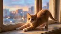 Ginger tabby cat stretching on windowsill with urban skyline and sunset cityscape visible through glass, warm golden hour lighting, cozy indoor pet scene.
