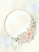 Elegant gold circular frame adorned with watercolor roses, peonies, and eucalyptus foliage on soft pastel background. Isolated design element perfect for wedding invitations, greeting cards, and social media graphics.