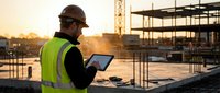 Construction worker in safety vest using tablet at building site during golden hour sunset for project management and digital planning.
