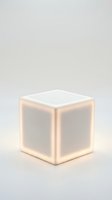 Glowing cube lamp with warm white light emission, isolated on neutral background, suitable for interior design, product mockups, and modern home decor applications.
