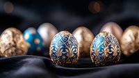 Ornate Easter eggs with blue and gold filigree pattern on black silk fabric. Luxury decorated eggs with metallic ornaments and traditional design.