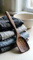Wooden spoon resting on stack of linen napkins beside ceramic bowl in bright kitchen interior for cooking and dining preparation.