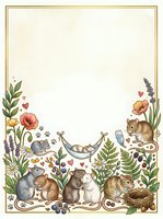 Adorable mice family gathering in botanical garden frame with wildflowers, hearts and greenery on vintage paper background for greeting cards.
