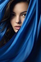 Young woman with dark hair partially hidden behind flowing blue silk fabric, creating mysterious and dramatic portrait against dark background.