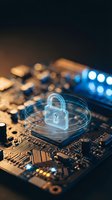 Glowing padlock hologram on computer circuit board representing cybersecurity, data protection and digital security technology for business applications.